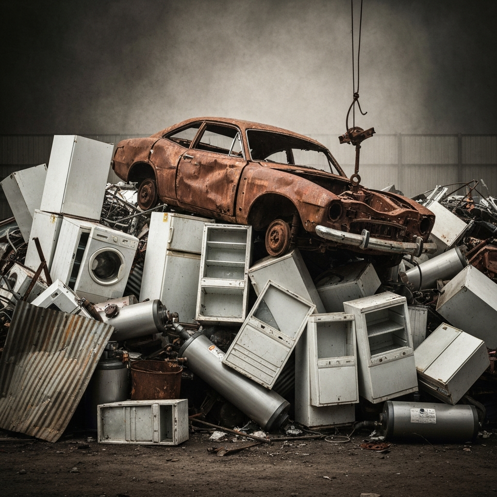 Pile of scrap metal including cars, fridges, and batteries