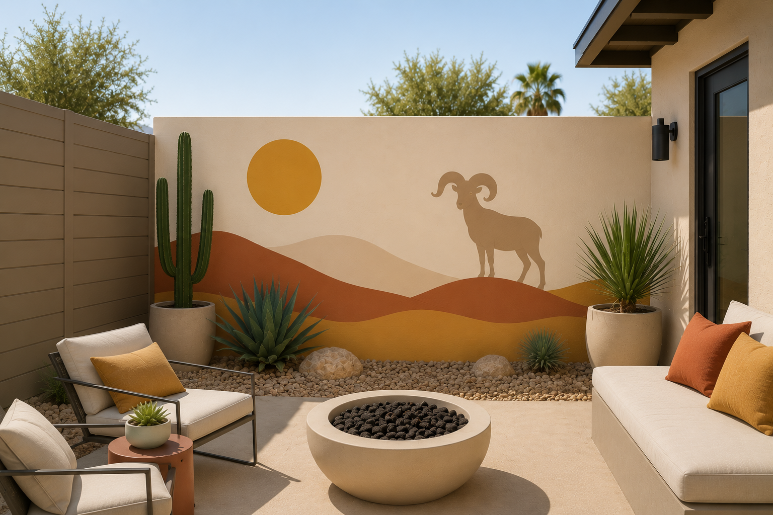 Desert ram fire pit mural hand-painted by Palm Springs mural artist Warren Priske