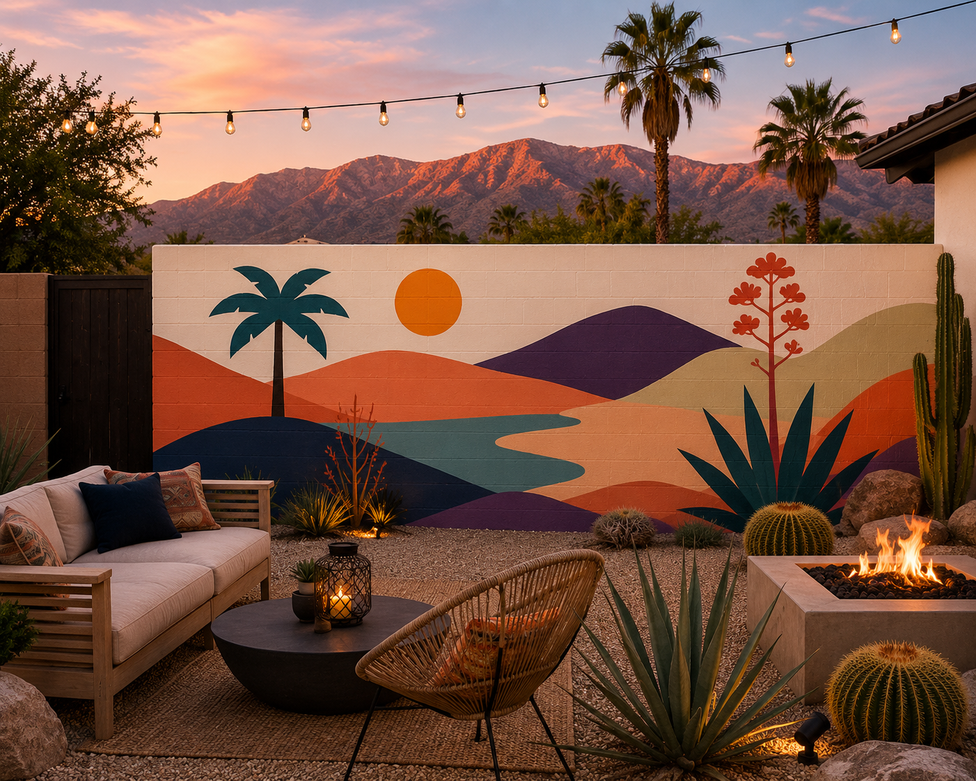 Mountain and palm tree patio mural by Palm Springs mural painter Warren Priske