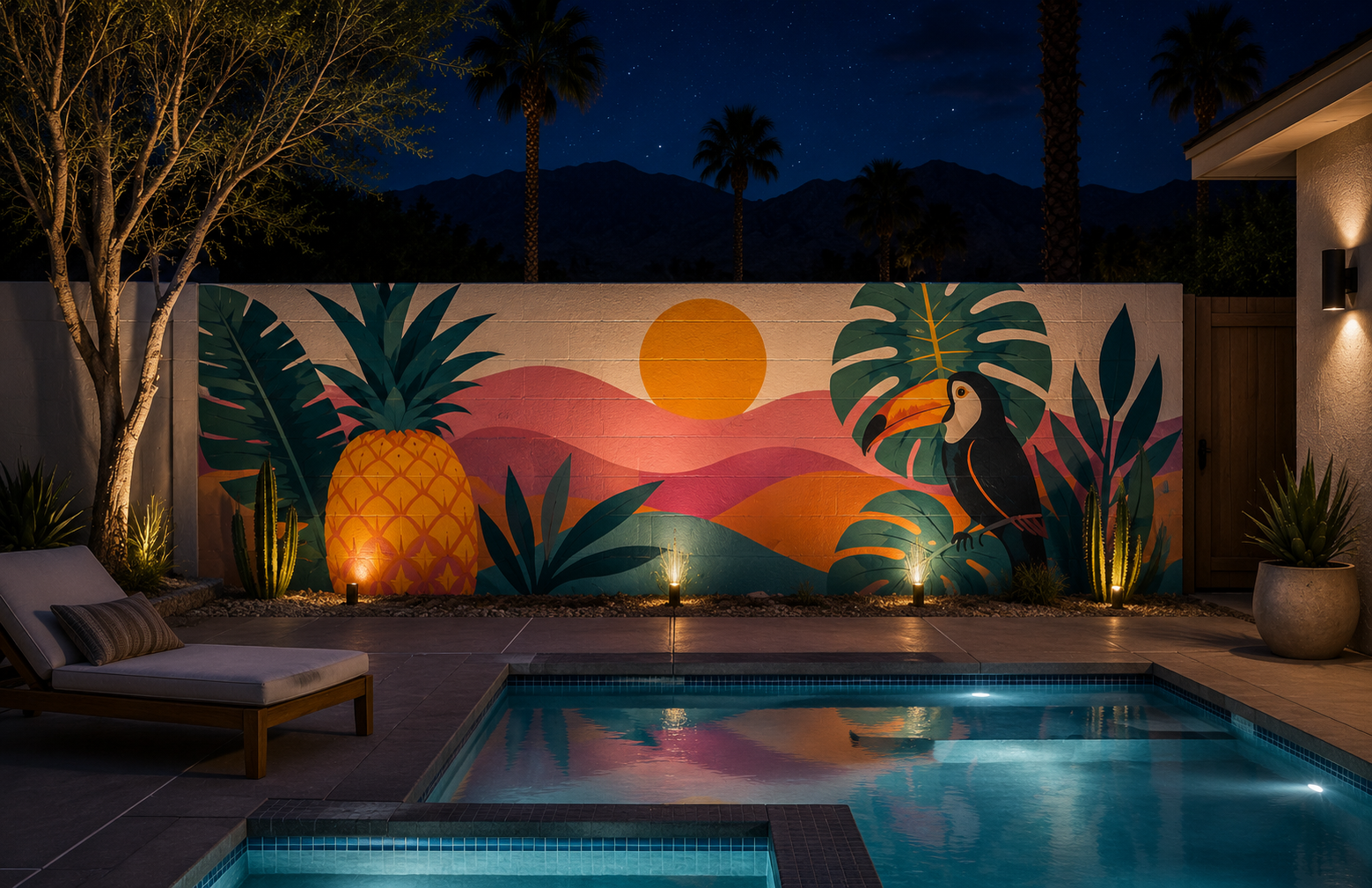 Tropical toucan poolside mural hand-painted by Palm Springs muralist for hire Warren Priske
