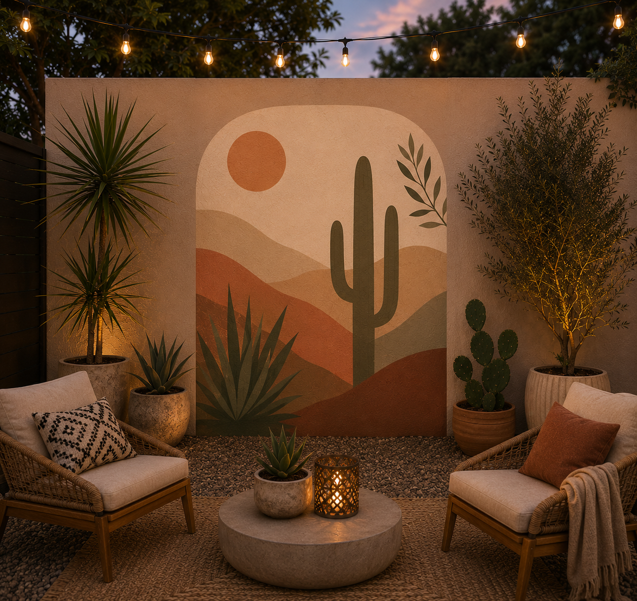 Small accent wall mural with cactus and sun, two chairs and string lights — Palm Springs mural artist pricing example