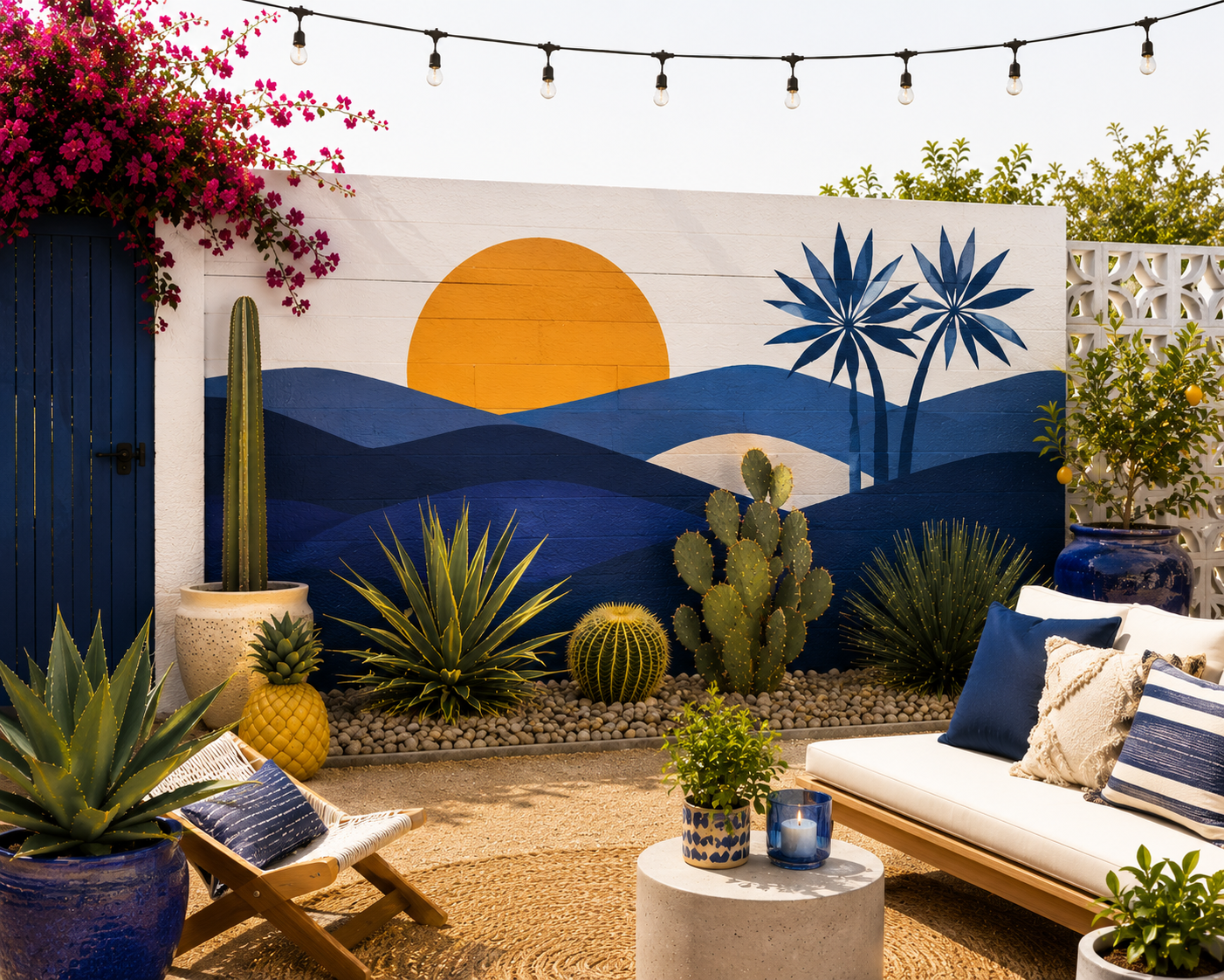 Medium patio wall sunset mural surrounded by desert plants and patio furniture by a Palm Springs mural painter