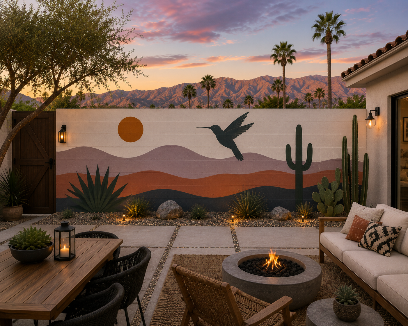 Hummingbird and cactus patio mural hand-painted by Palm Springs mural painter Warren Priske