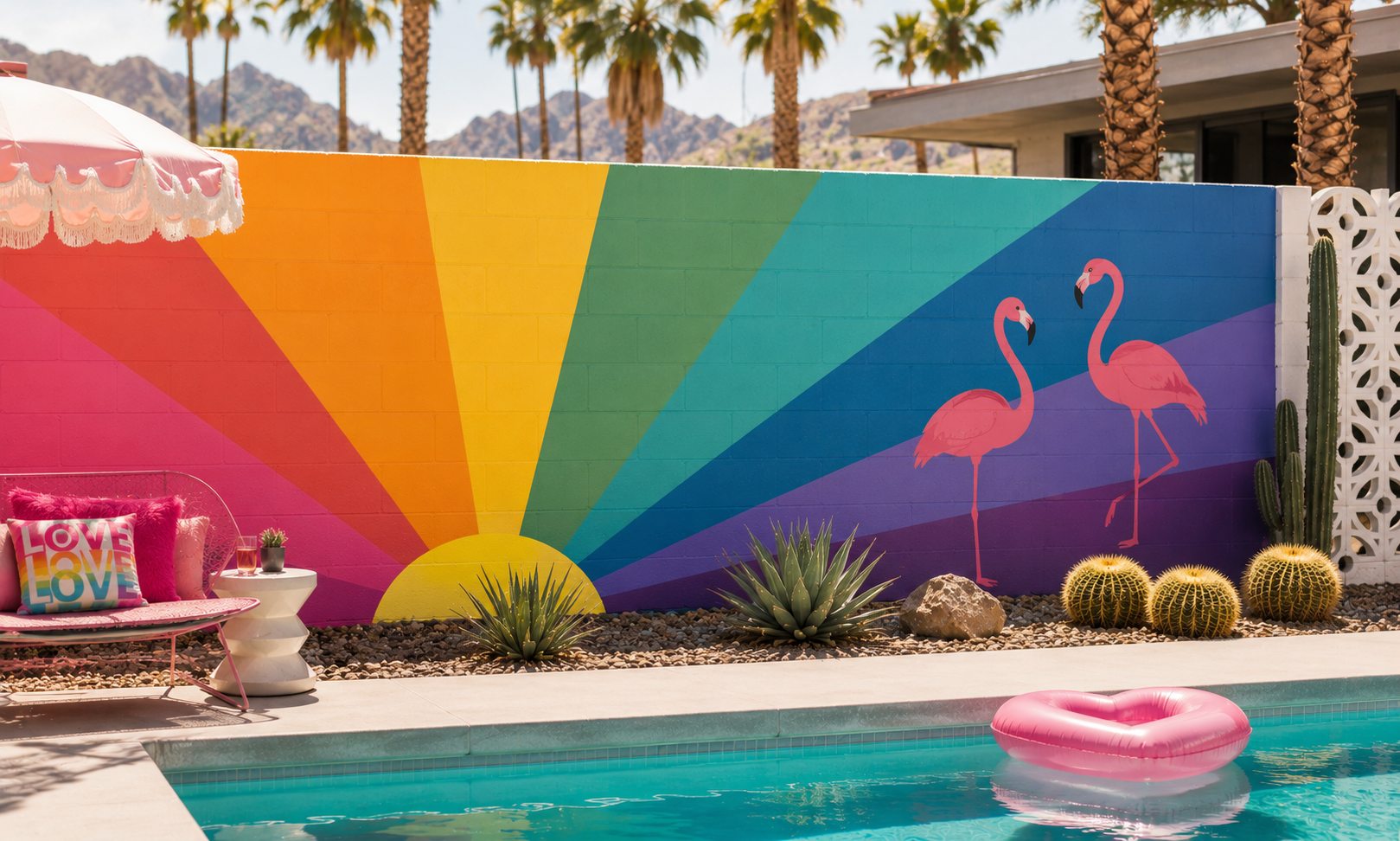 Extra large poolside mural with rainbow sunrise and pink flamingos by Palm Springs mural artist Warren Priske