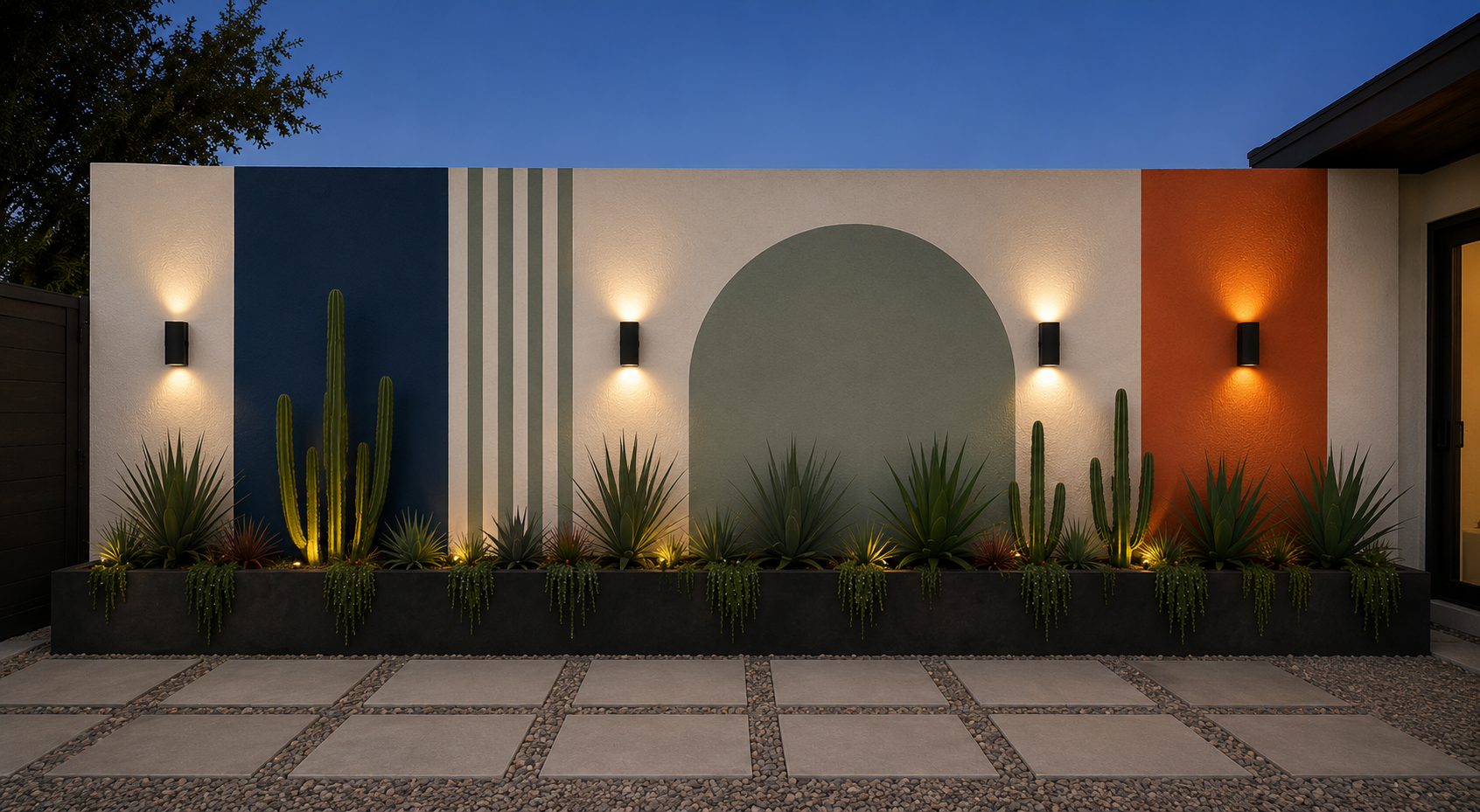 Tri-color cactus garden block wall mural hand-painted by Palm Springs mural painter Warren Priske