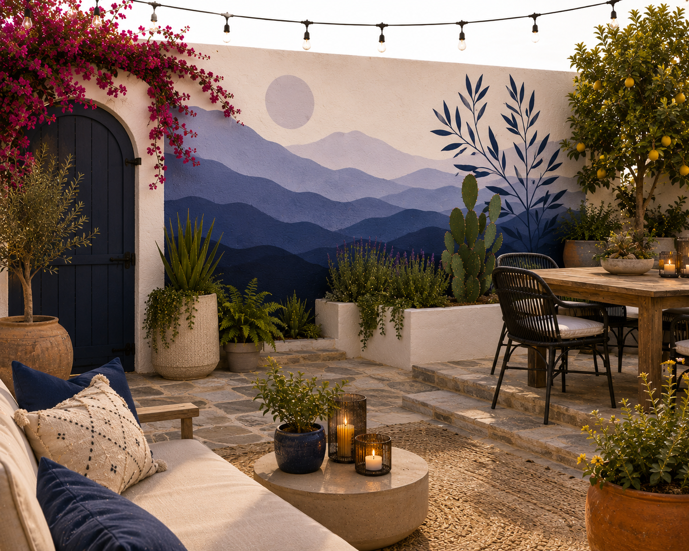 Hand-painted Palm Springs pool patio mural of desert mountains and desert foliage by muralist Warren Priske