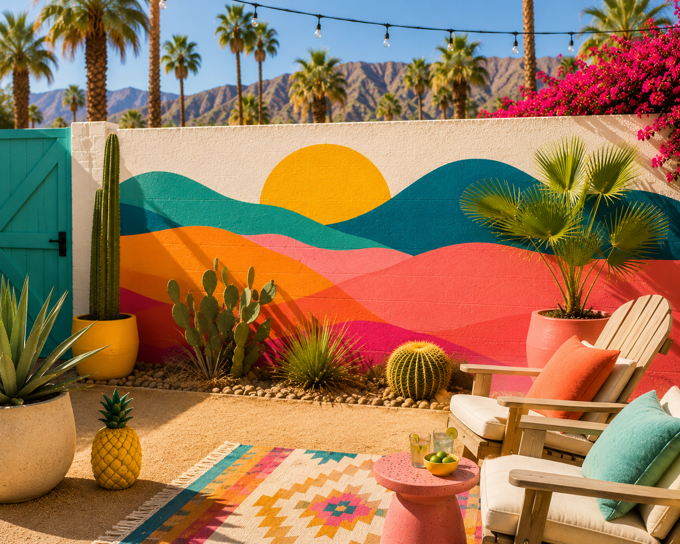 Large hand-painted desert landscape mural with mountains, sun, cactus, and palms by Palm Springs muralist for hire Warren Priske