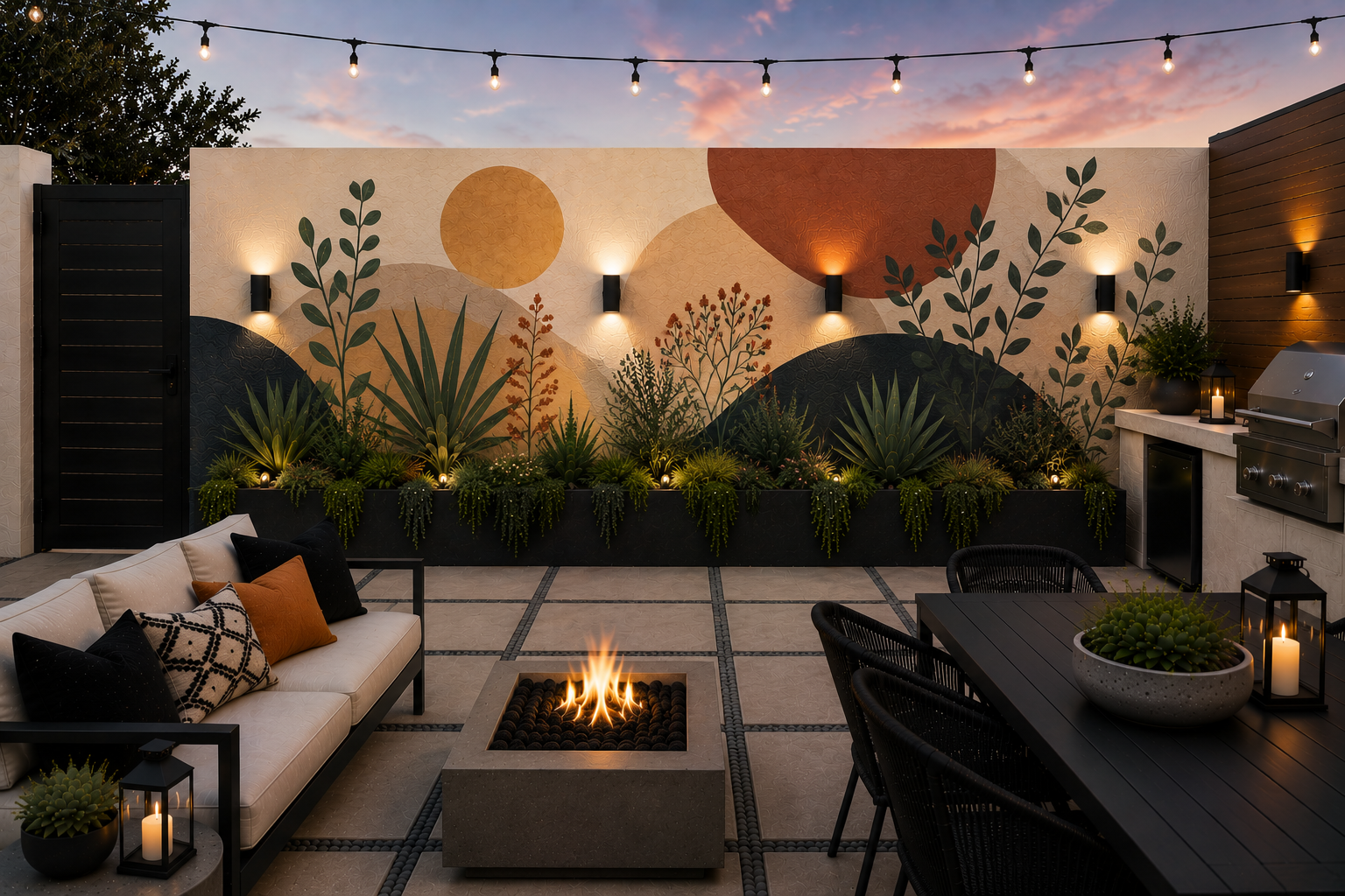 Fire pit patio accent mural hand-painted by a Palm Springs muralist for hire Warren Priske