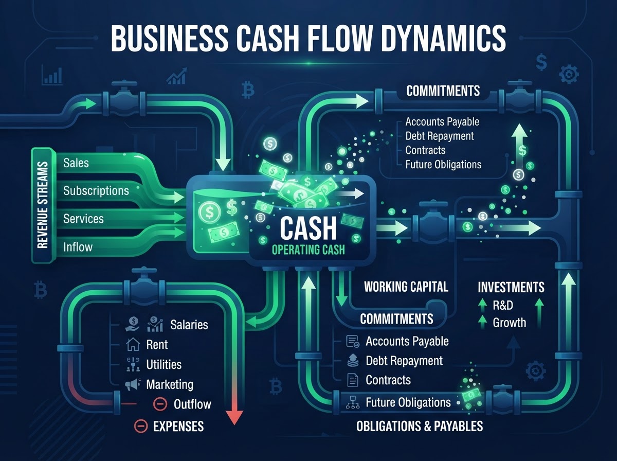Abstract visualization of cash flow moving through a business system with revenue, expenses, cash, and commitments