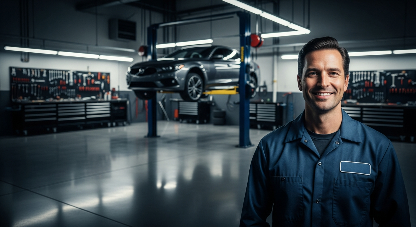Confident mechanic in a clean modern auto shop