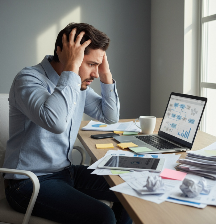 Persona analizando propiedades inmobiliarias con frustración antes de usar Easy House