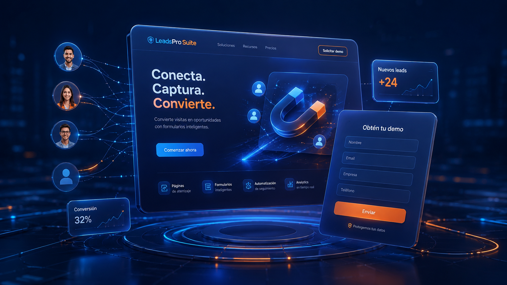 Sistema de captación con landing page, formulario y embudo para generar clientes potenciales en LeadsPro Suite