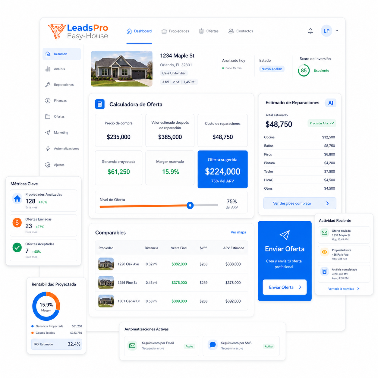 Dashboard de LeadsPro Easy House para calcular ofertas inmobiliarias y analizar propiedades Fix & Flip