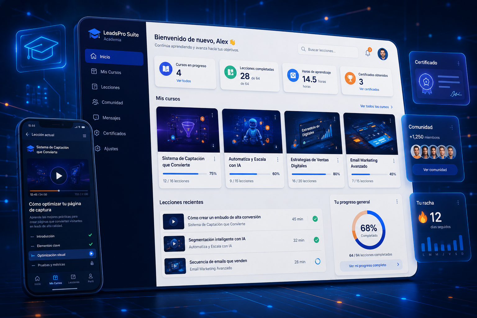 Academia online con cursos, lecciones y área privada de alumnos dentro de LeadsPro Suite