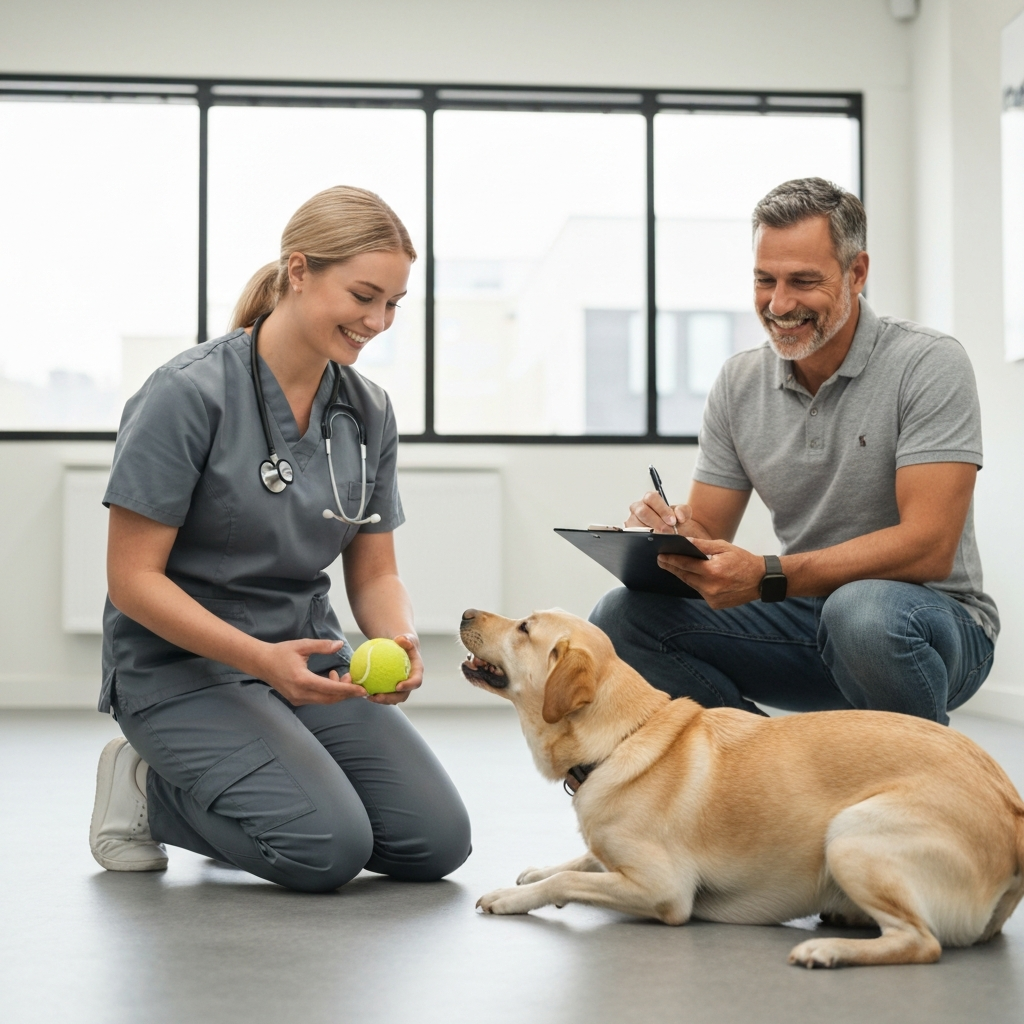 Canine rehab staff member demonstrating home exercises