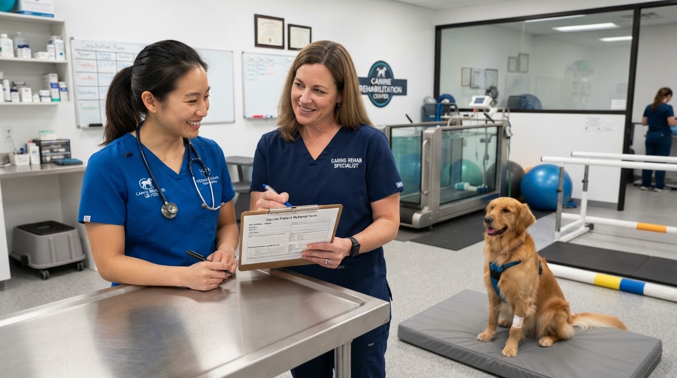 Canine rehabilitation professional and veterinarian reviewing a referral form with a dog present