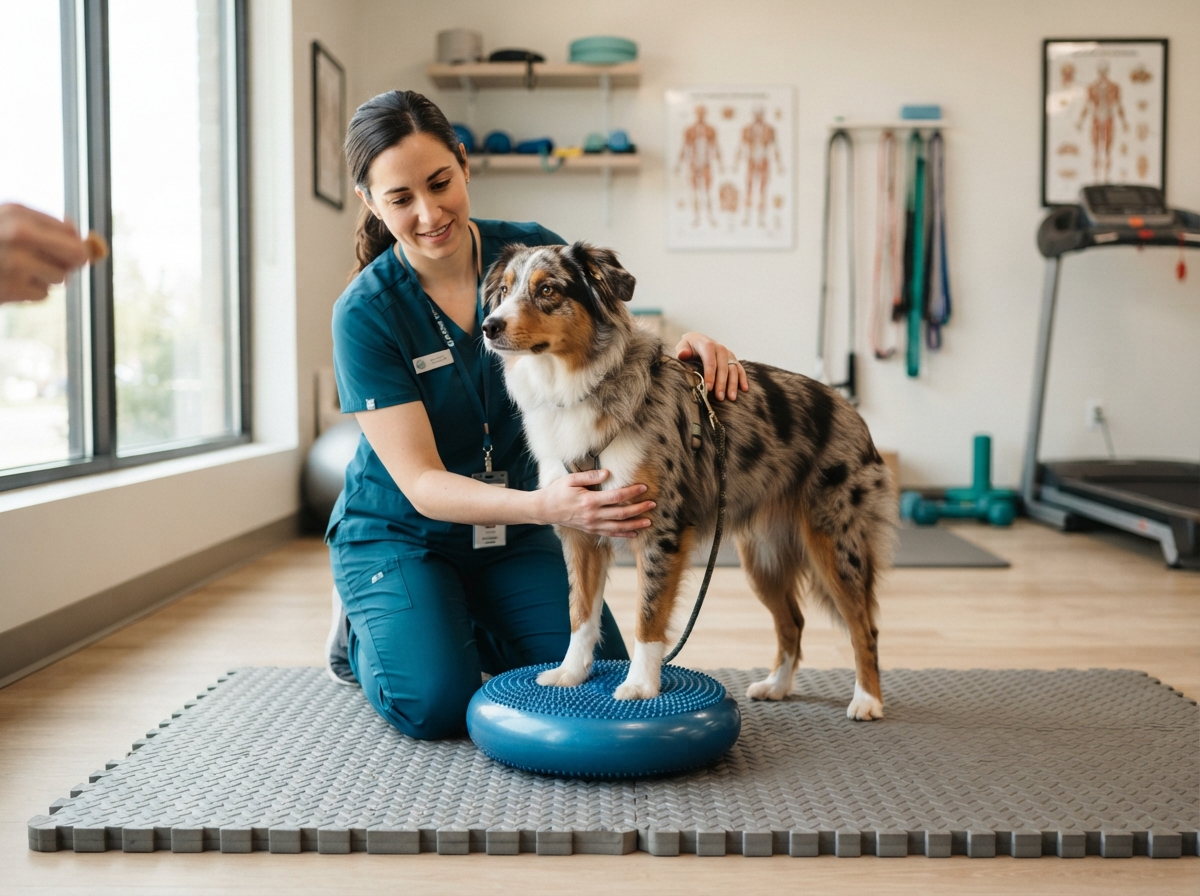Canine rehabilitation professional supporting a dog on a therapy mat in a bright clinic