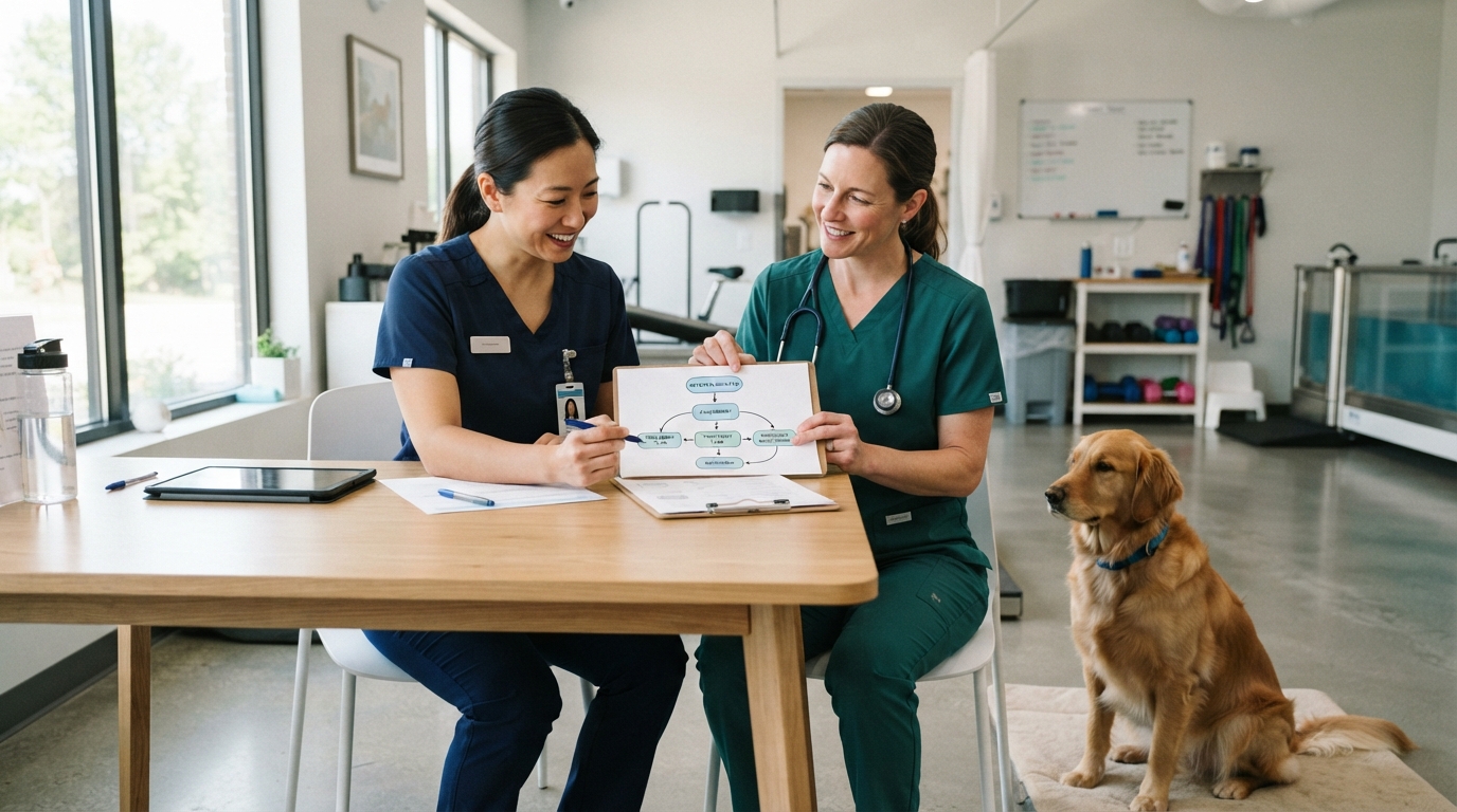 Canine rehabilitation professional and veterinarian reviewing a referral-process roadmap with a dog present