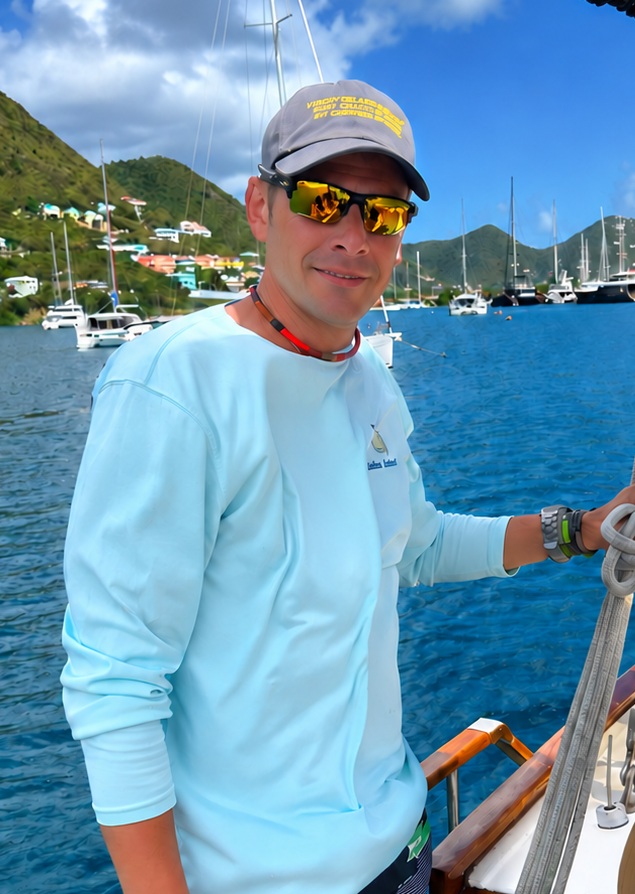 Justin Tucker aboard the sailboat in the USVI