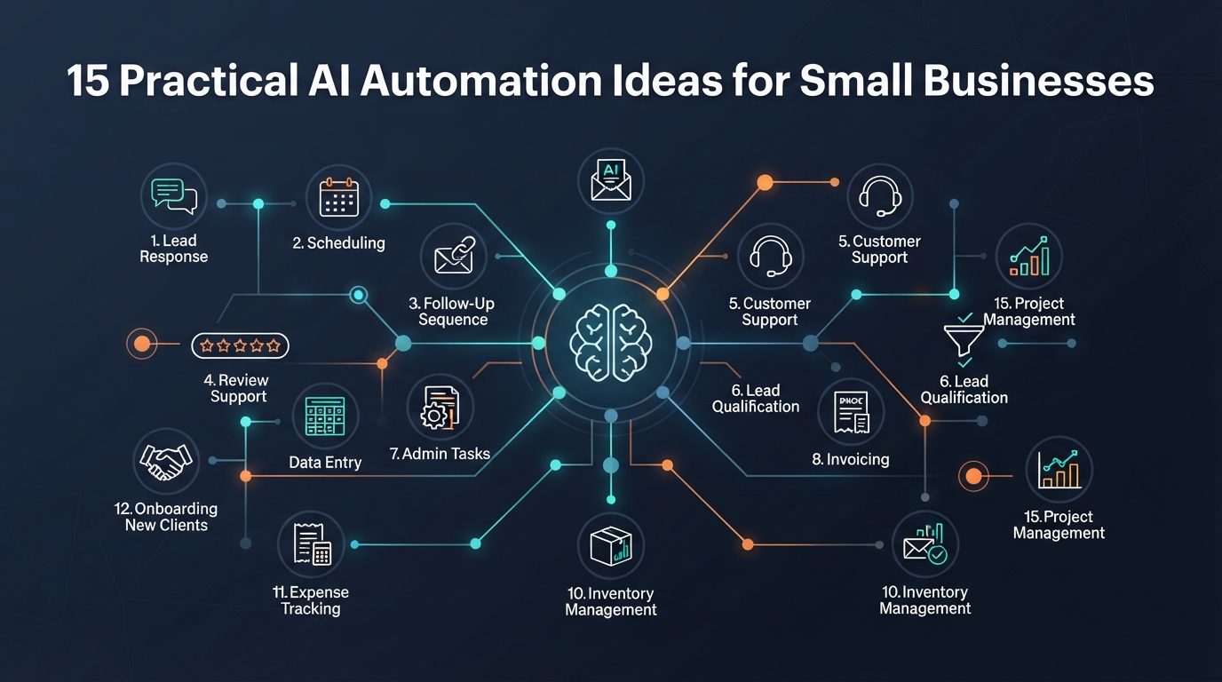 Practical AI automation ideas for small businesses including lead response, scheduling, follow-up, reviews, customer support, qualification, and admin tasks