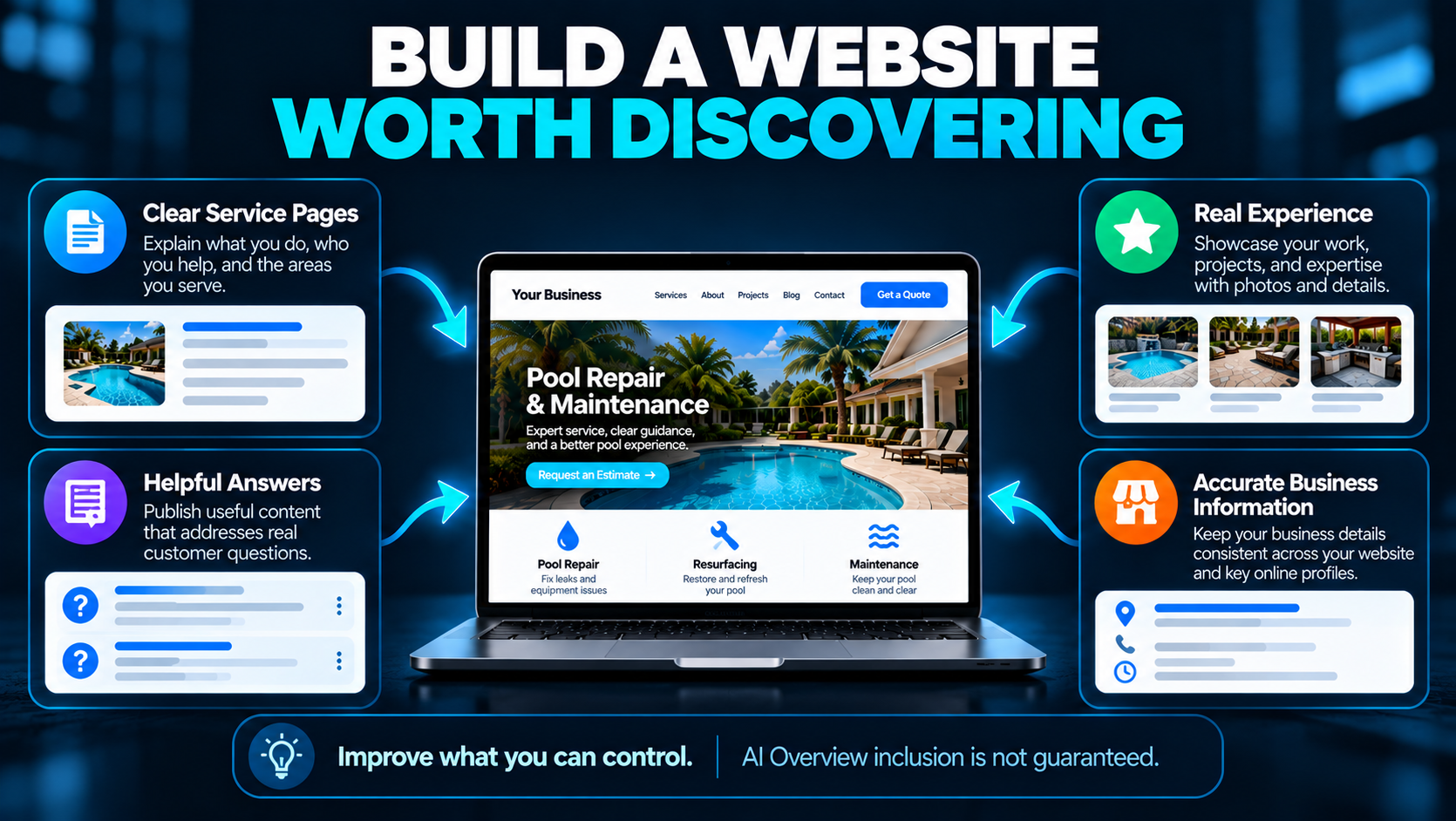Build a Website Worth Discovering Infographic showing four website discoverability fundamentals: clear service pages, helpful answers, real experience, and accurate business information.