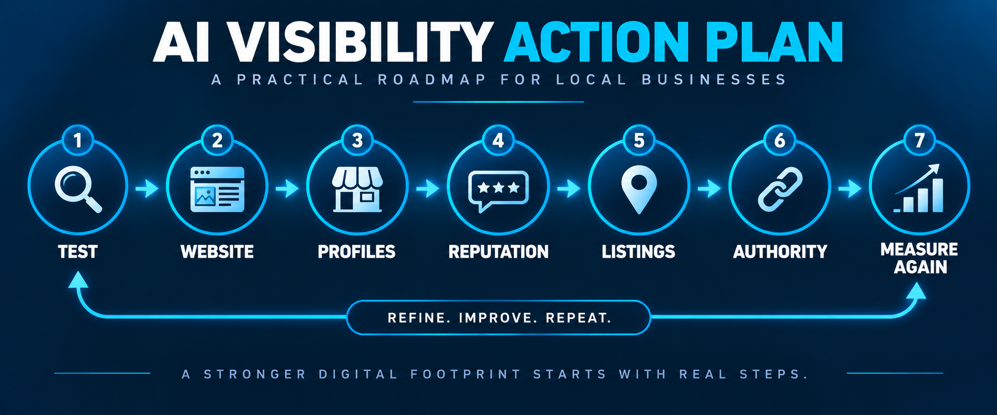Seven-step local AI visibility action plan covering testing, website improvements, business profiles, reputation, listings, authority, and ongoing measurement