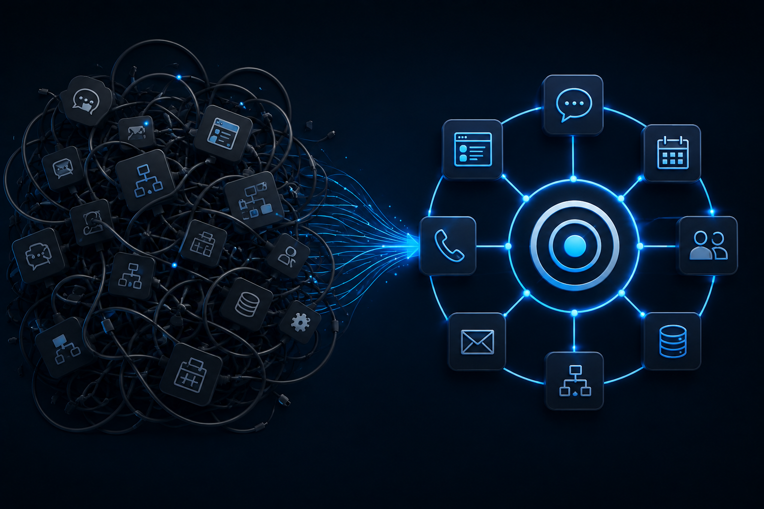 Disconnected AI automation tools becoming one organized system built around a clear business objective