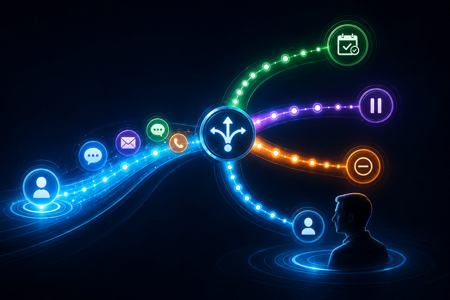 Automated lead follow-up concept showing communication entering a decision point that can continue, pause, stop or hand off to a person