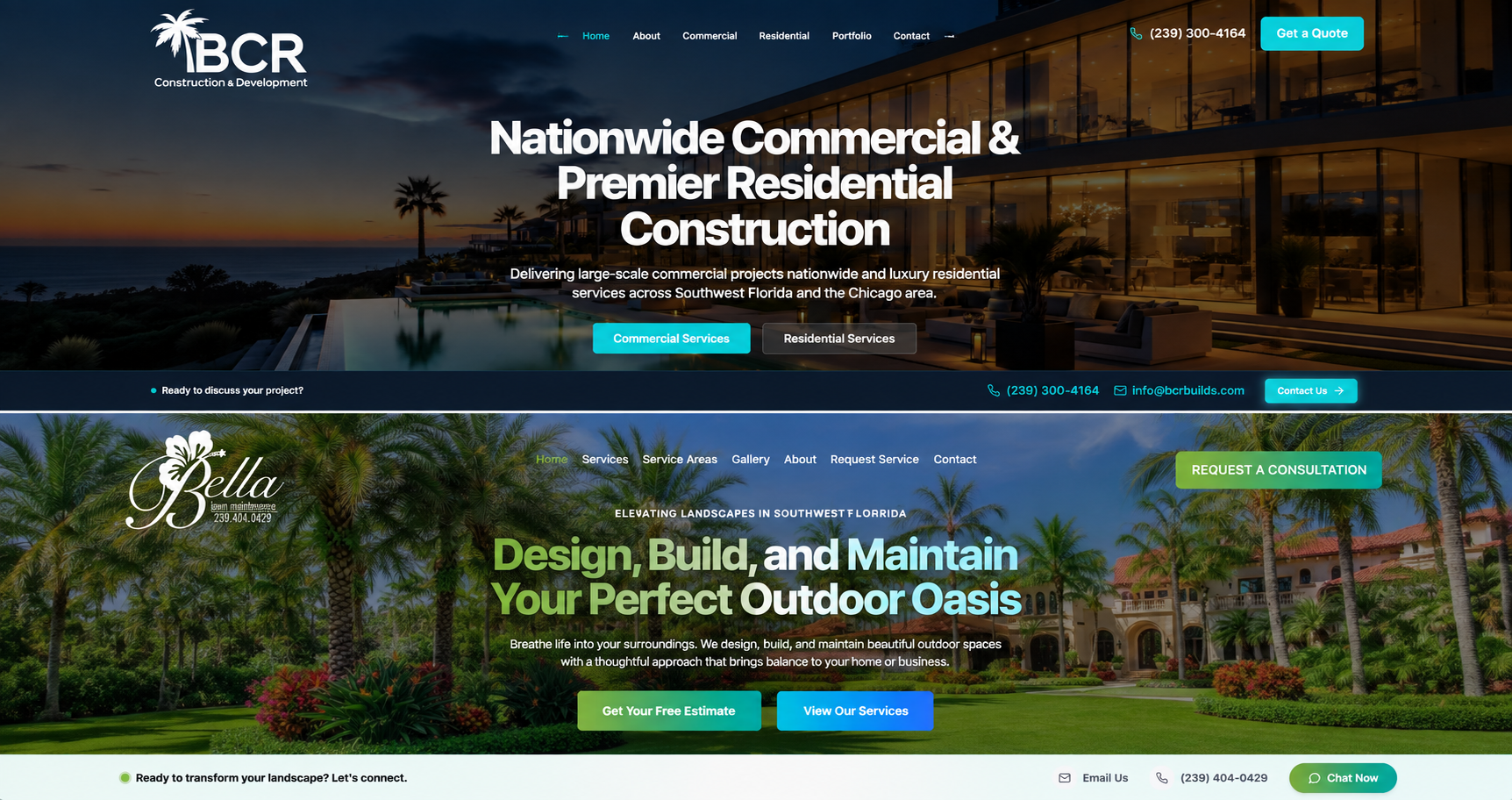 BCR Construction & Development and Bella Lawn Maintenance website homepages built using GoHighLevel AI Studio