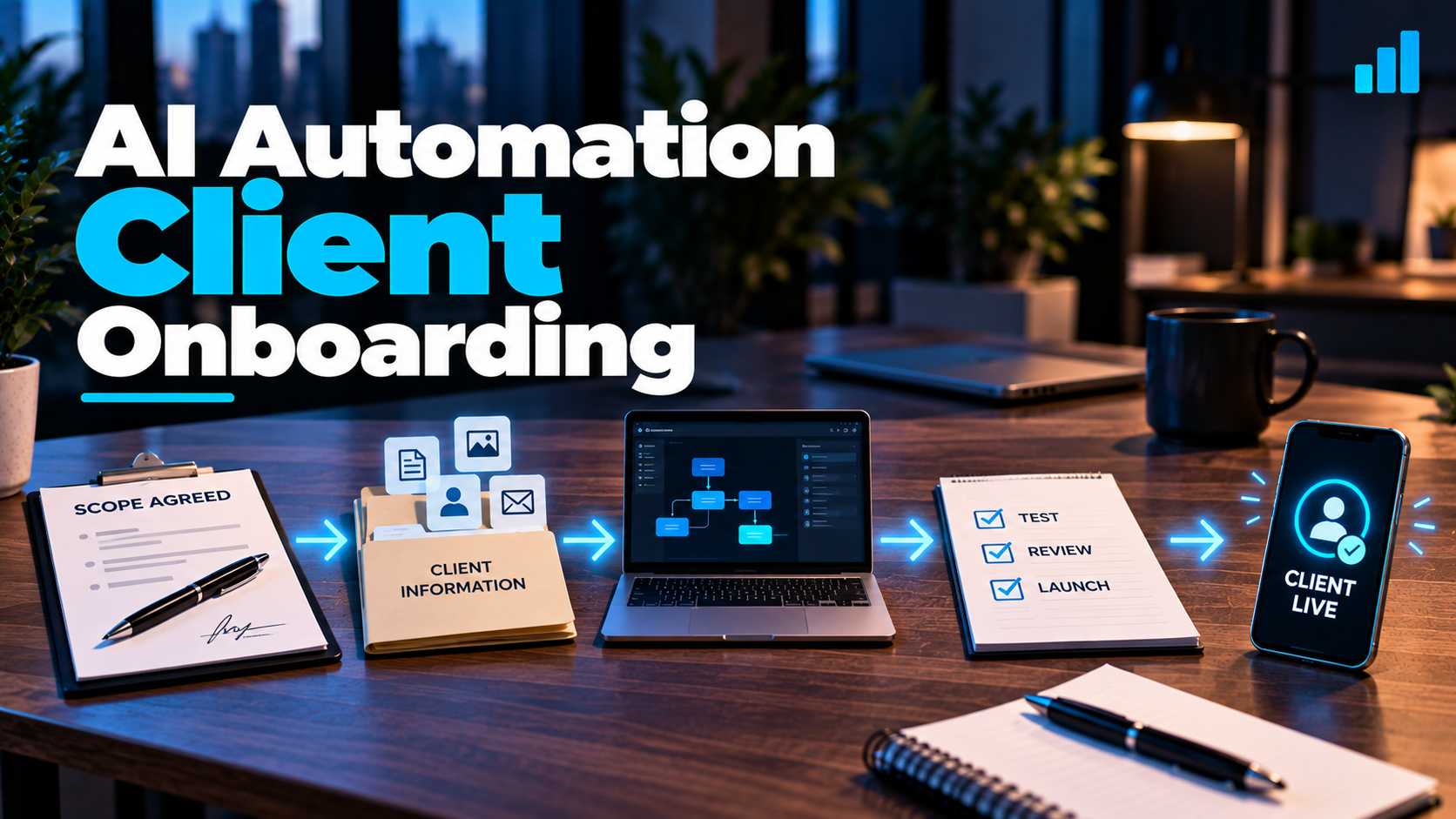 AI automation client onboarding process from agreeing on scope and collecting client information through building, testing, launch, and going live