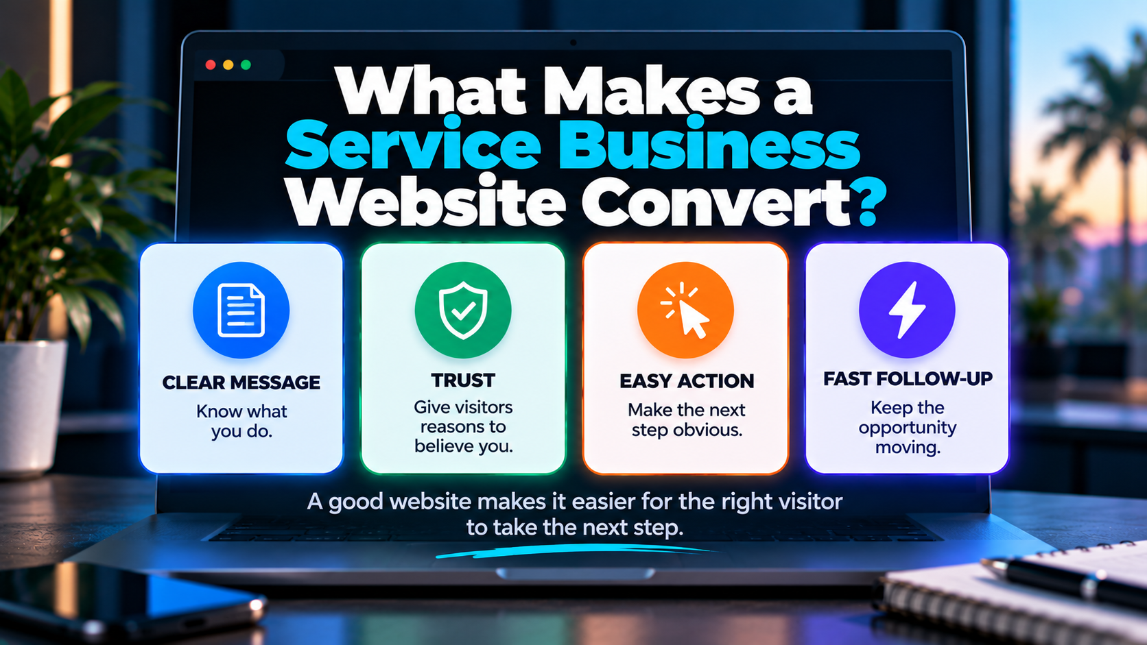 Four elements that help a service business website convert: a clear message, trust, easy action, and fast follow-up