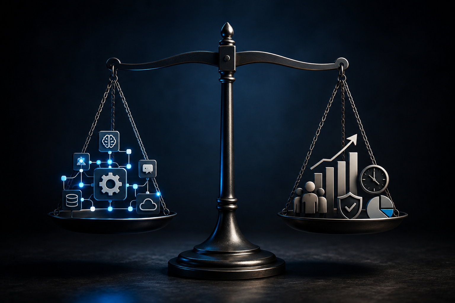 Balance scale weighing an AI automation system against business value, time, risk and operational considerations