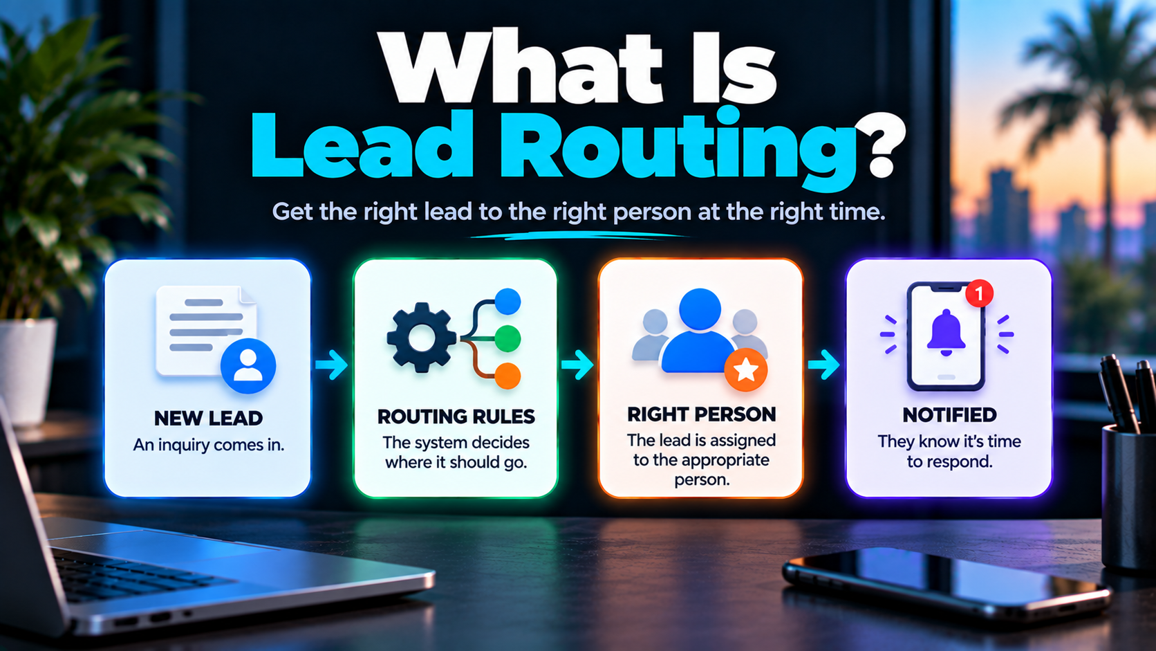 Lead routing process showing a new lead being evaluated by routing rules, assigned to the right person, and triggering a notification