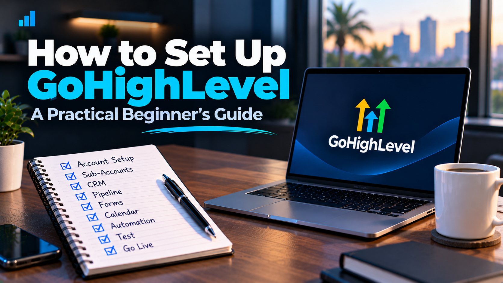 GoHighLevel beginner setup guide with a checklist for configuring an account, CRM, pipeline, forms, calendar, automation, testing, and launch