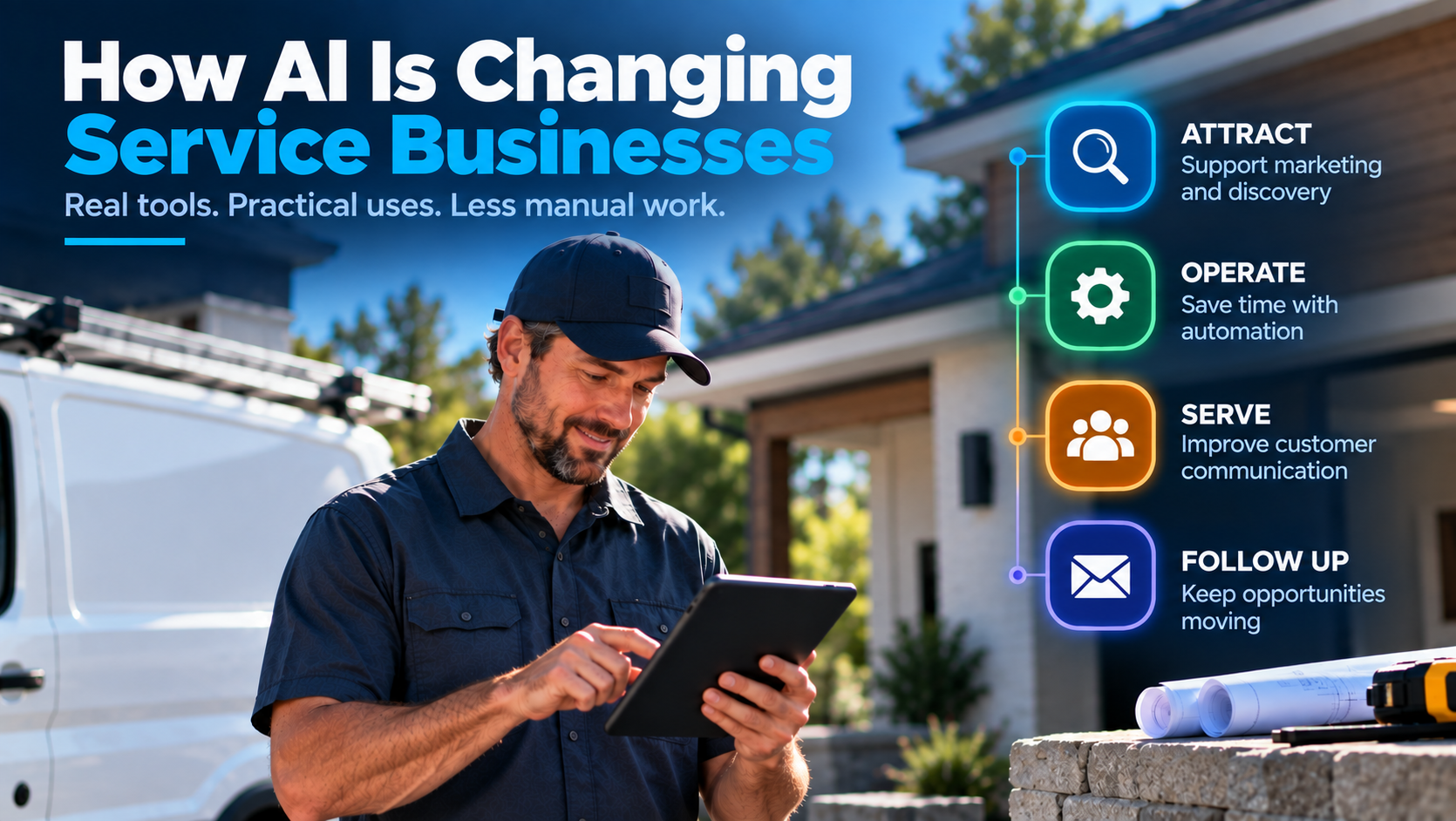 Service business professional using AI to support marketing, automation, customer communication, and lead follow-up
