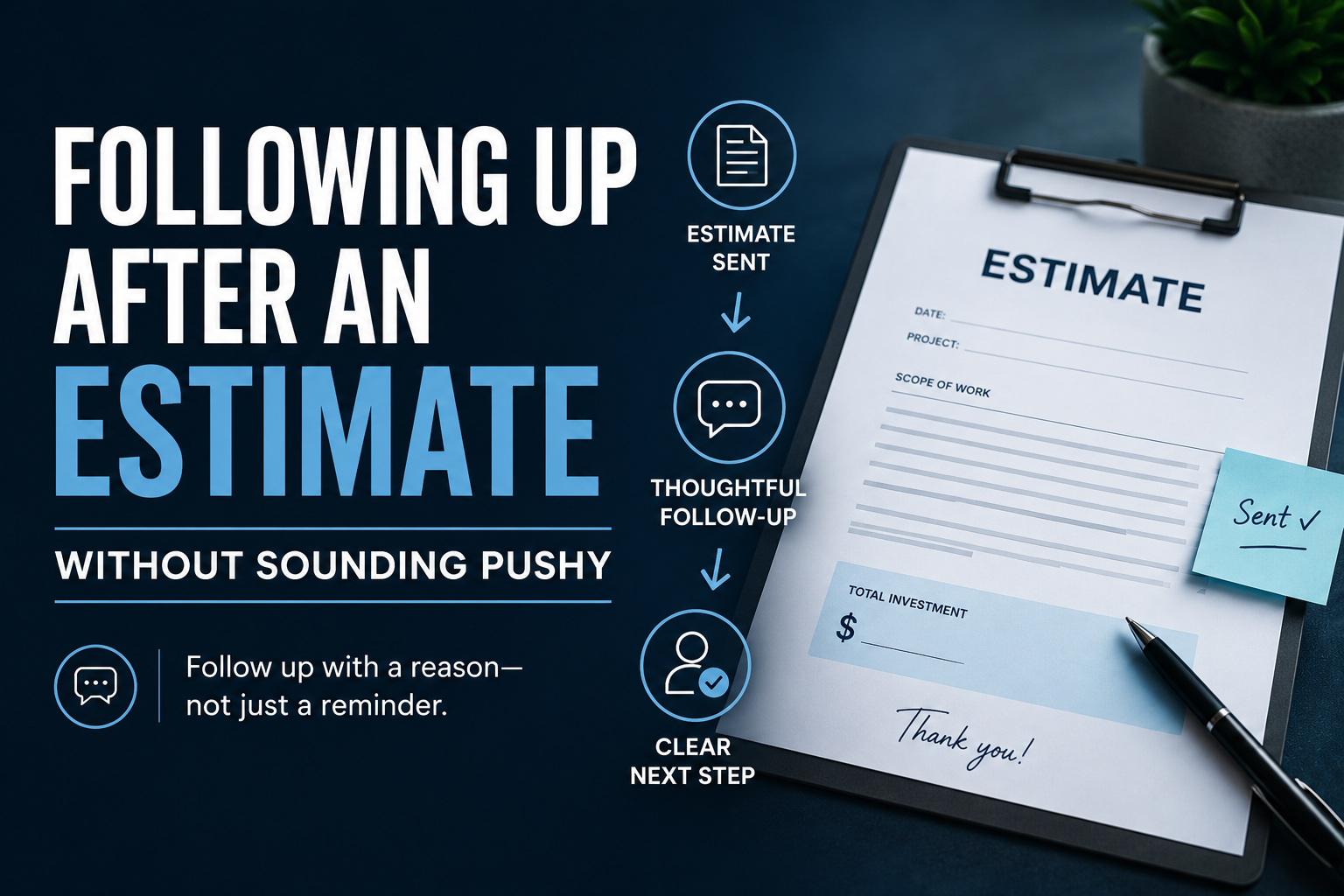Estimate follow-up process showing an estimate sent, thoughtful follow-up, and a clear next step