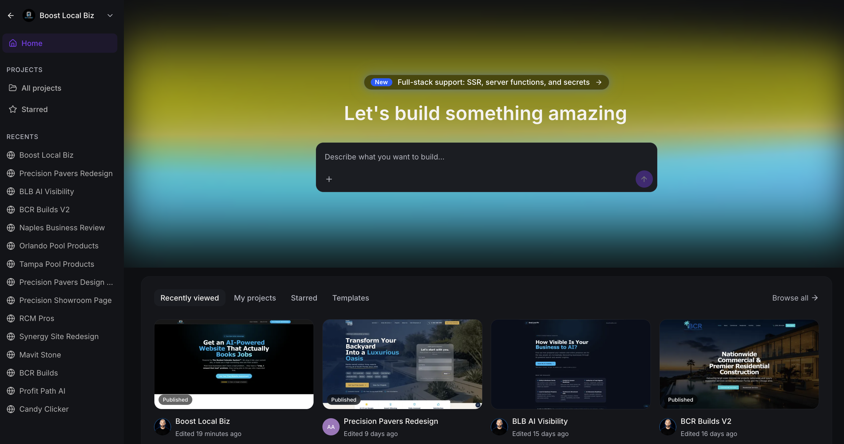 HighLevel AI Studio account showing real website and web experience projects created and managed by Josh Mason