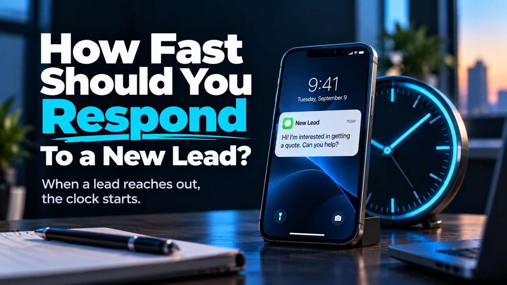 New lead notification beside a clock illustrating the importance of responding quickly to new inquiries