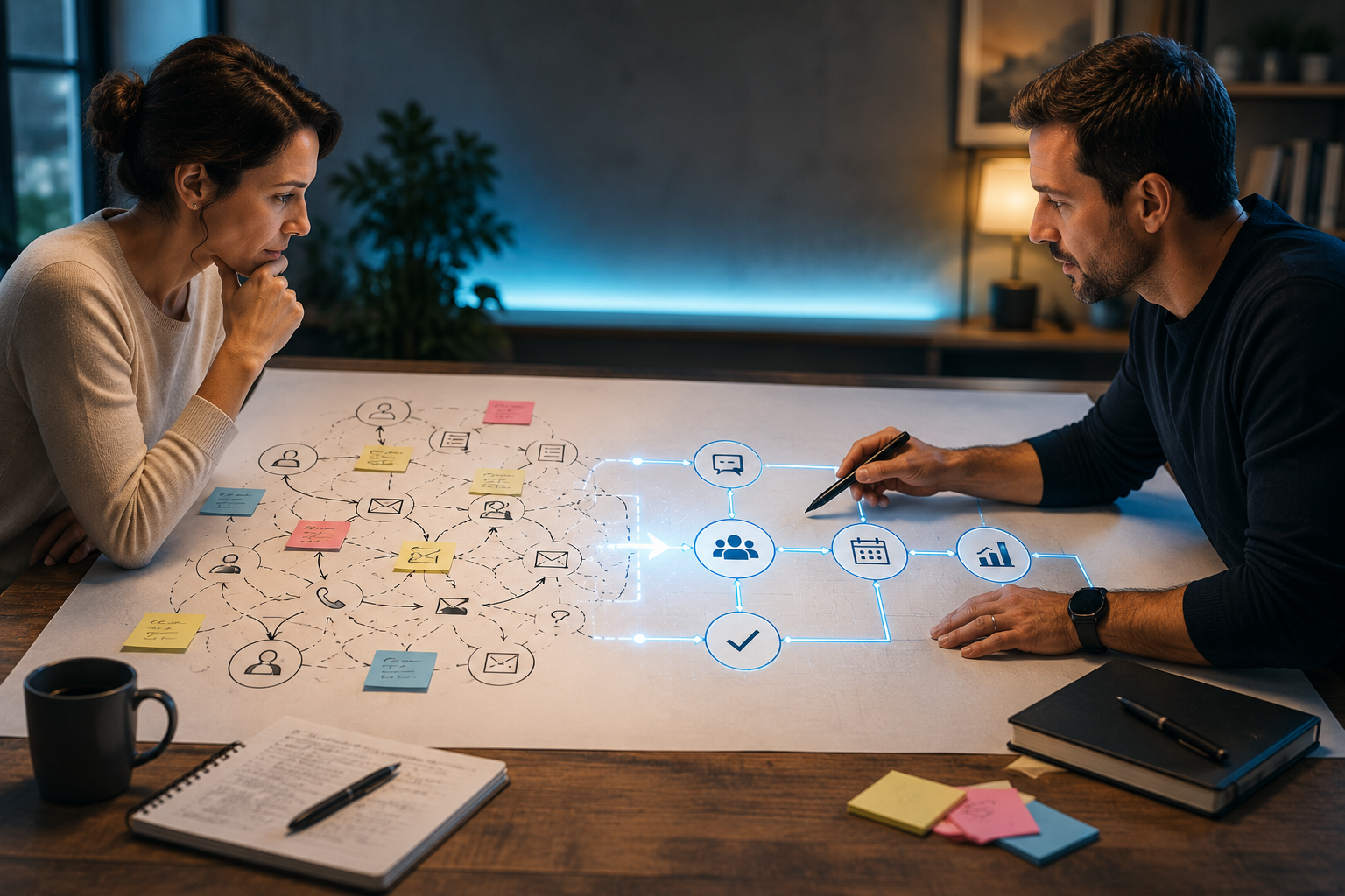 AI automation consultant and business owner mapping a complex business process into a structured automated workflow