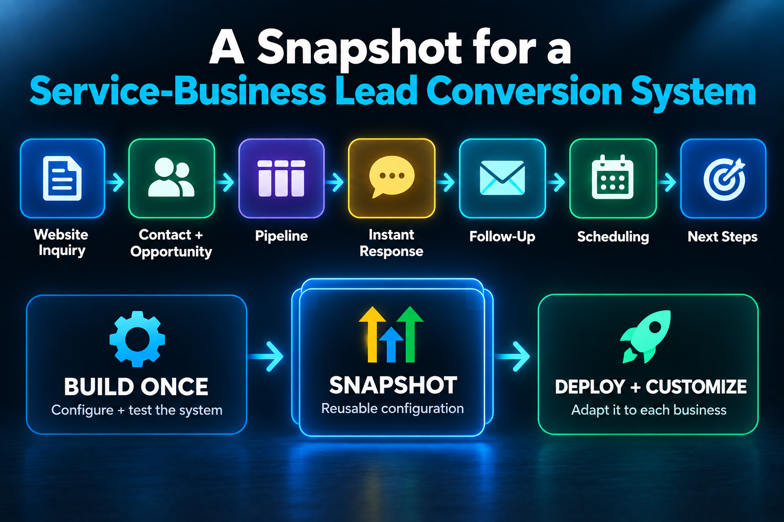 Example GoHighLevel snapshot for a service business lead conversion system showing inquiry, opportunity, pipeline, response, follow-up, scheduling, and deployment