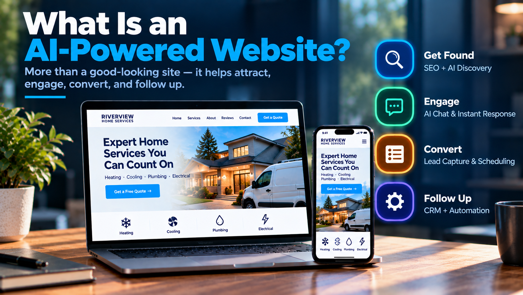 AI-powered service business website designed to attract visitors, engage with AI chat, capture leads, and automate follow-up