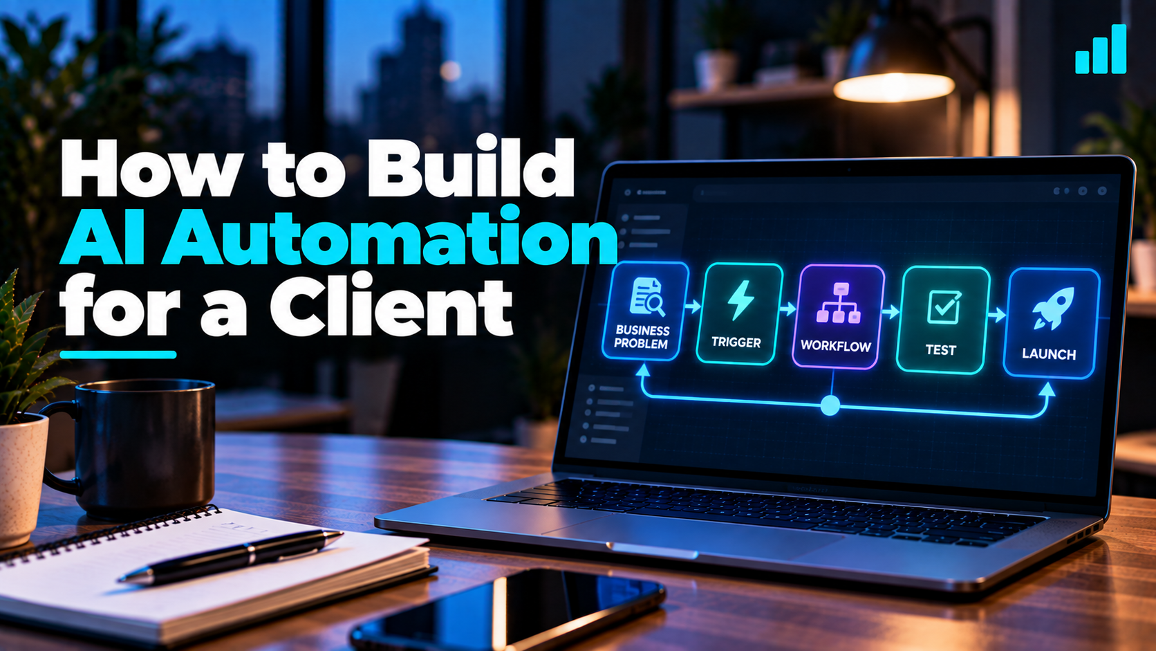 Process for building an AI automation for a client from identifying the business problem through trigger, workflow, testing, and launch