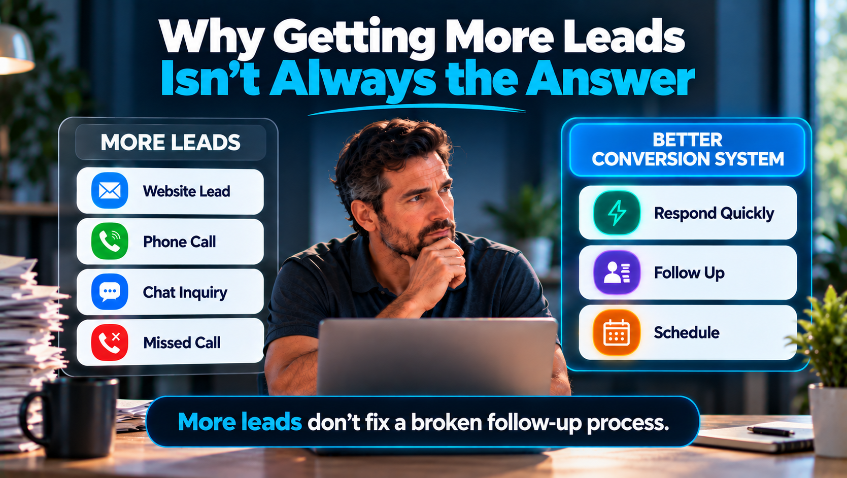 More incoming leads compared with a better conversion system focused on fast response, follow-up, and scheduling