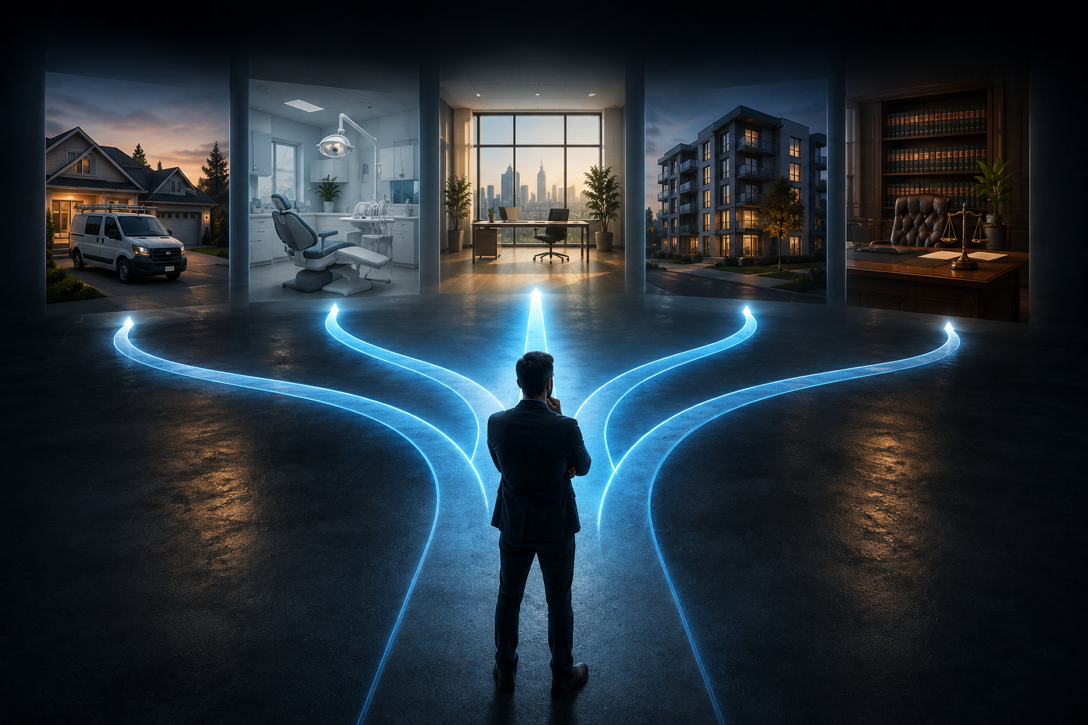 Entrepreneur evaluating different industries to choose a niche for an AI automation agency