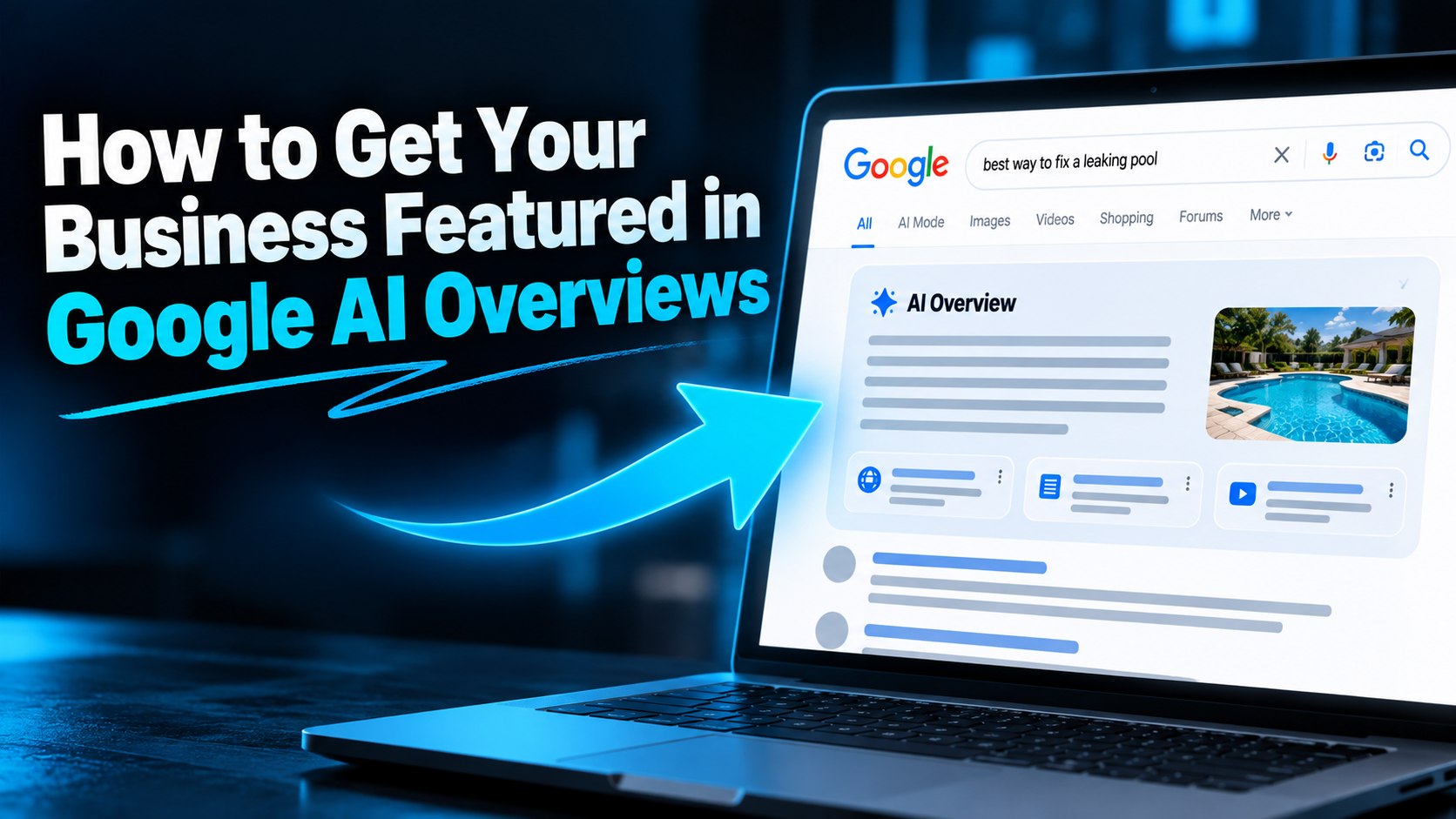 Illustration of a Google AI Overview answering a pool repair question, showing how local business content can appear as a supporting source in AI search.