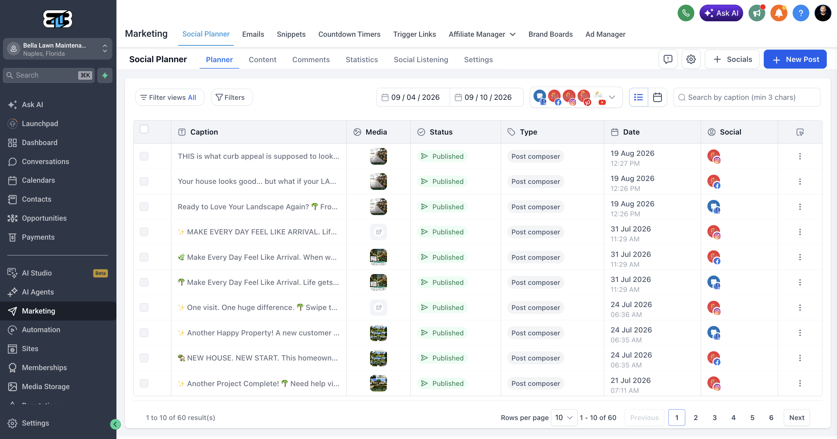 HighLevel Social Planner inside a real Boost Local Biz client account showing published social media content across multiple channels