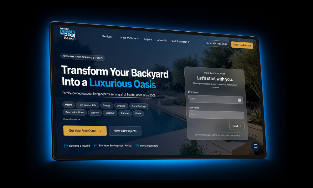 Precision Pavers and Pool Design website homepage mockup featuring luxury backyard pool renovation and online quote request