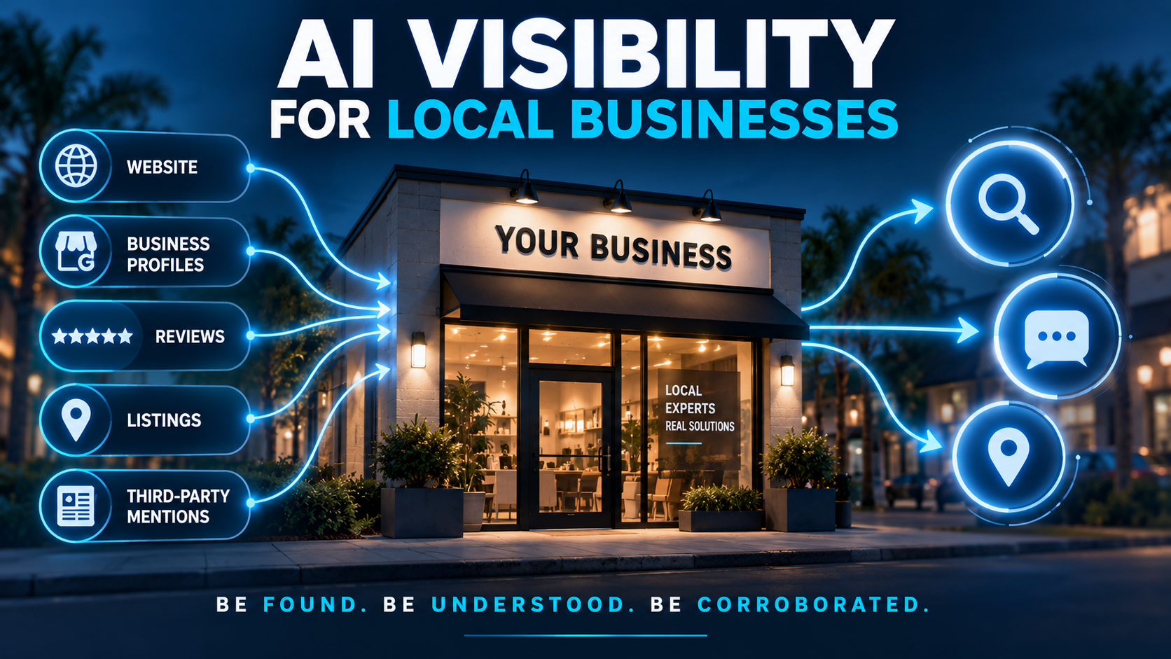 Local business connected to website, business profiles, reviews, listings, and third-party mentions that support visibility across AI and search discovery