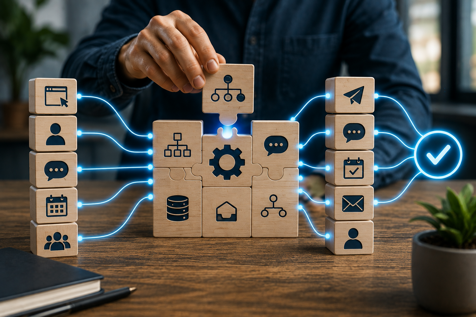Business automation system being assembled from connected customer, messaging, scheduling and workflow components