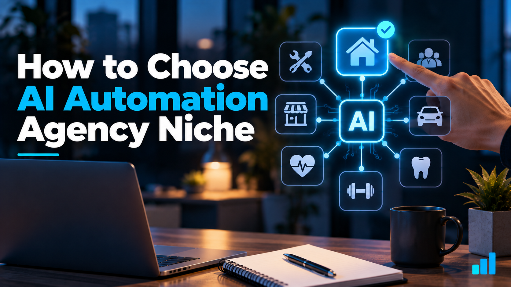 Choosing an AI automation agency niche from different industries including home services, healthcare, automotive, dental, fitness, and local businesses